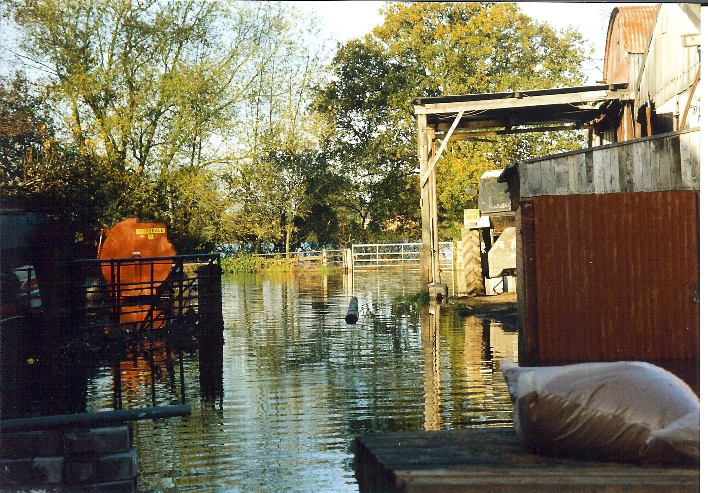Floodwater surrounding homes in a community